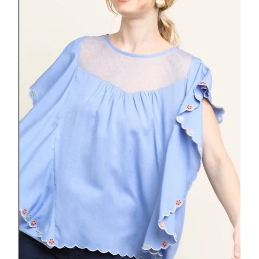 NWT Umgee Blue Floral Embroider Lace Collar Batwing Sleeve Boho Top Size Small